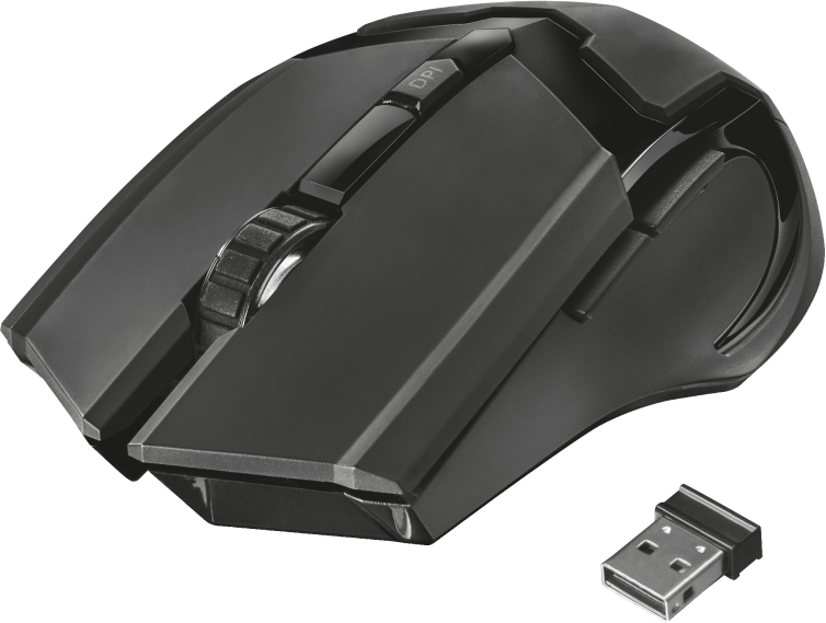 Fekete számítógépes egér USB vevővel, görgetőkerékkel, DPI gombbal.