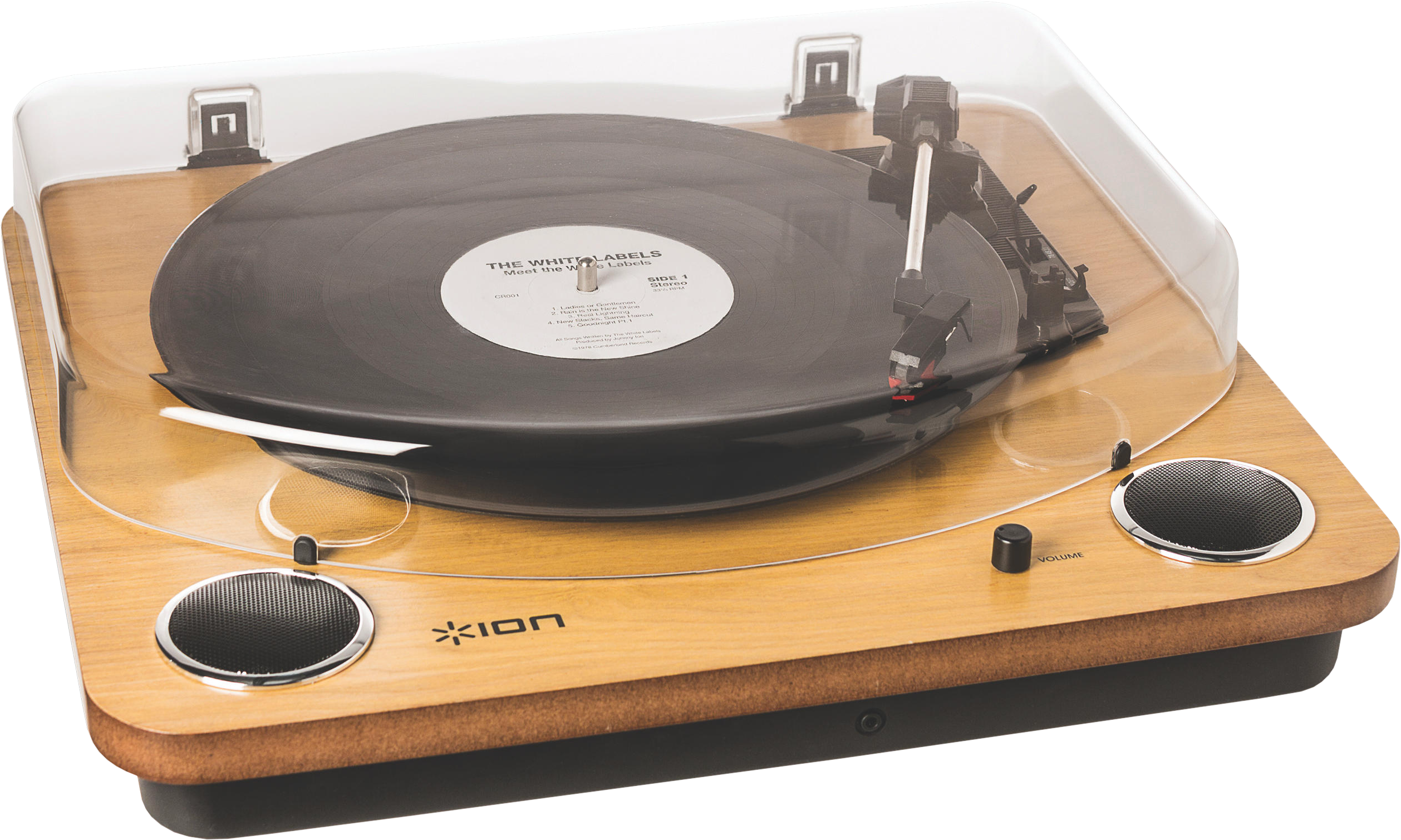 Platine vinyle avec un disque vinyle. Base en bois, couvercle transparent. The White Labels.