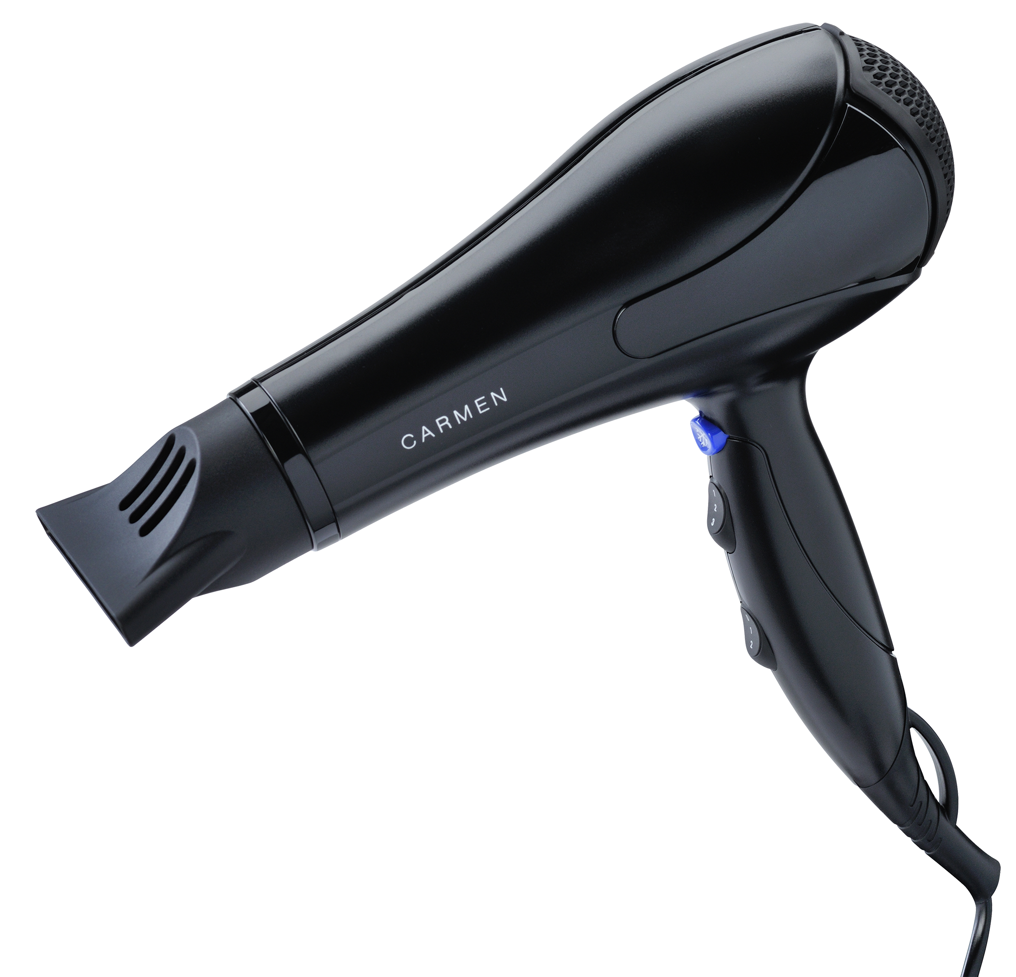 Black hair dryer with the word CARMEN. Blue button, black cable.