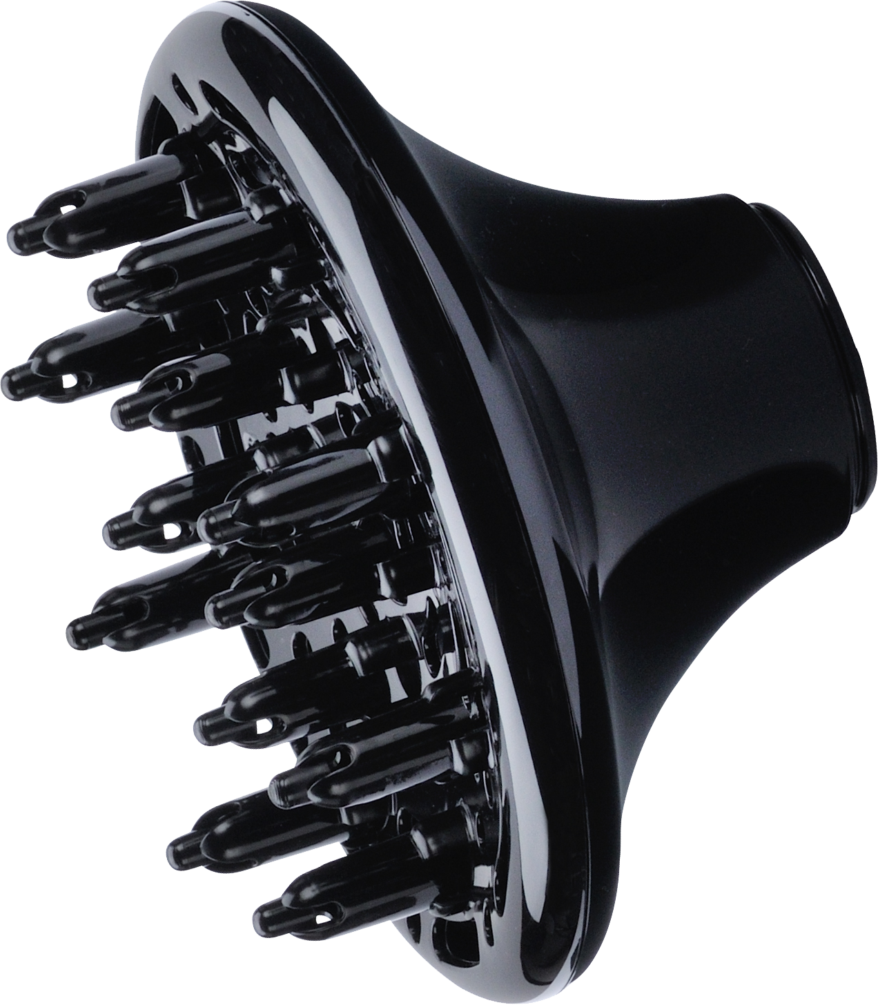A black hair dryer diffuser attachment with multiple nozzle openings.