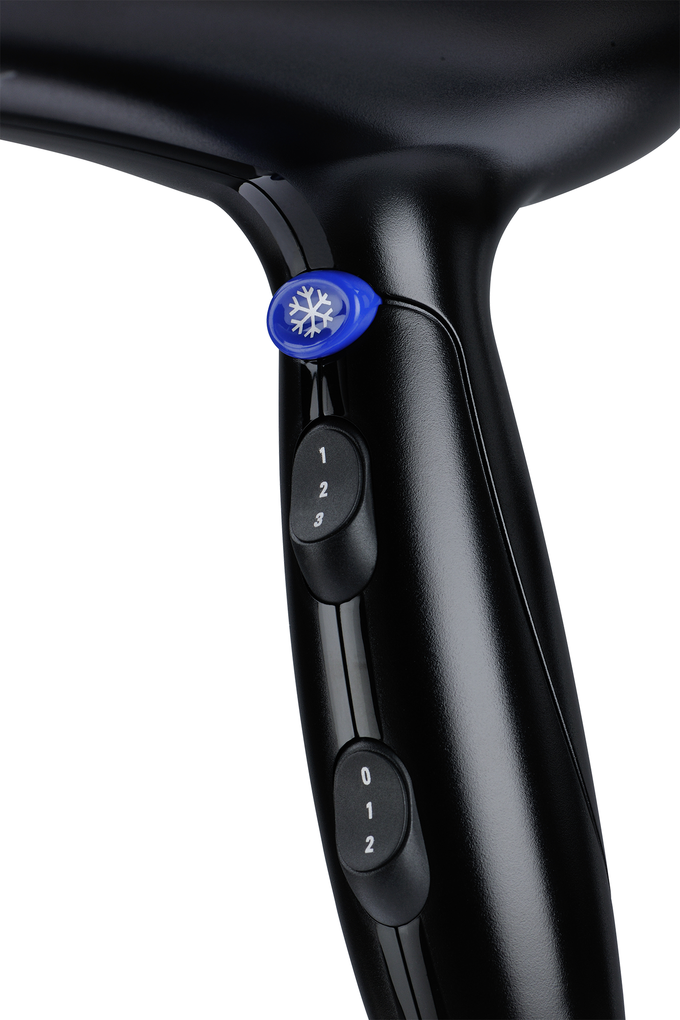 Black hair dryer with buttons. Blue button with snowflake icon, 3 setting buttons.