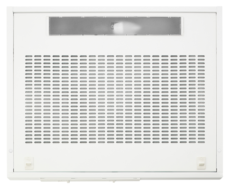 White range hood underside, perforated surface, with two white buttons and a light.