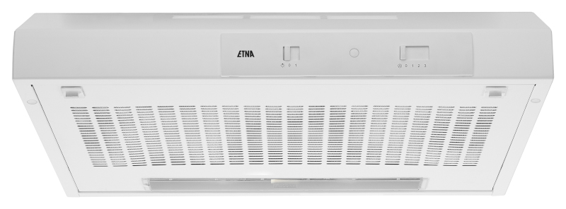 A white range hood with control buttons and a light, overhead view.
