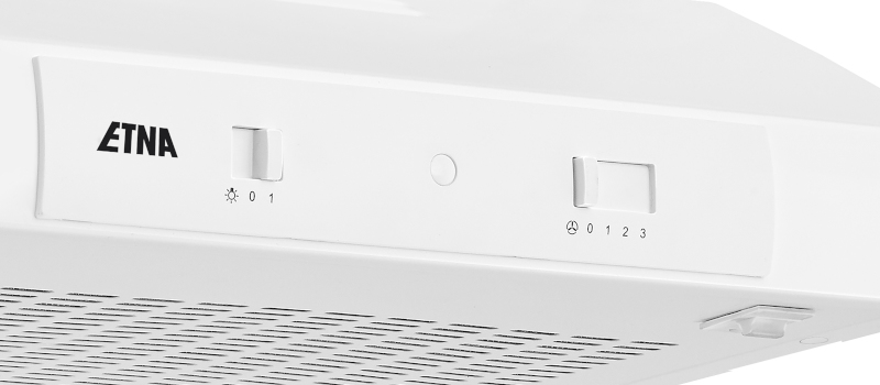 White range hood with power and light controls.