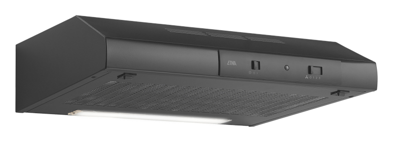 Black range hood, angled view. Shows controls, light, and mesh filter.