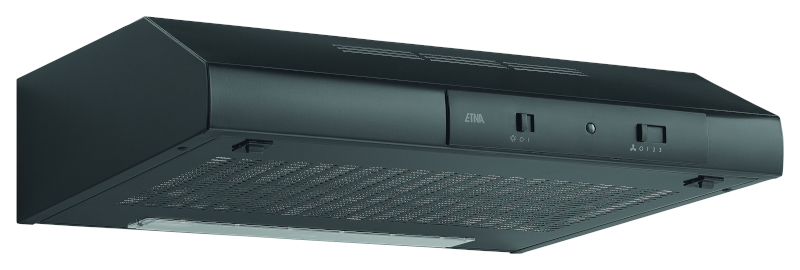 Black range hood. It has controls for lights and fan speed.