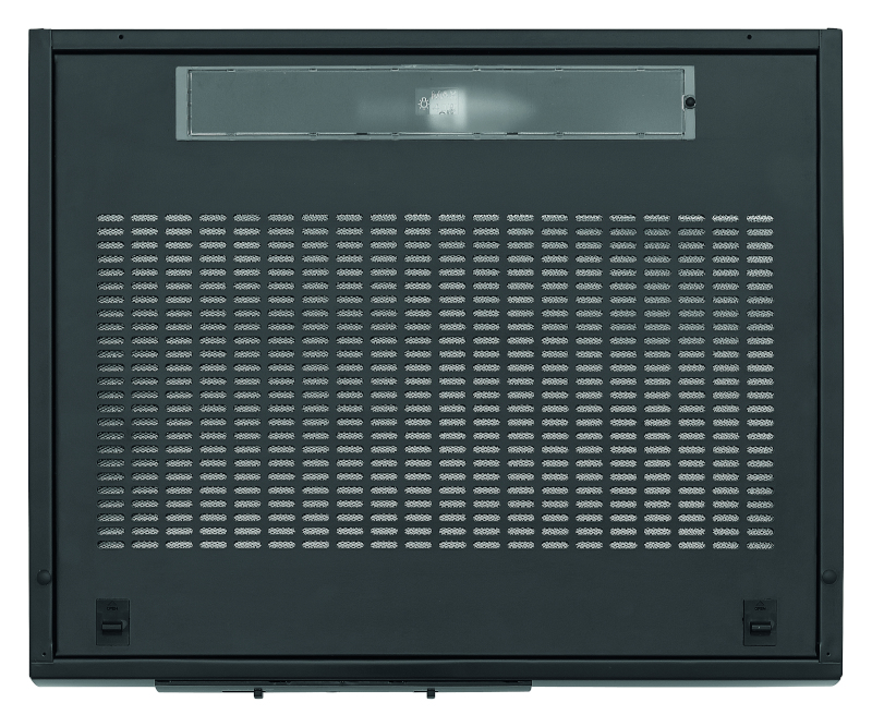 A black metal range hood with a grid pattern and a light fixture.