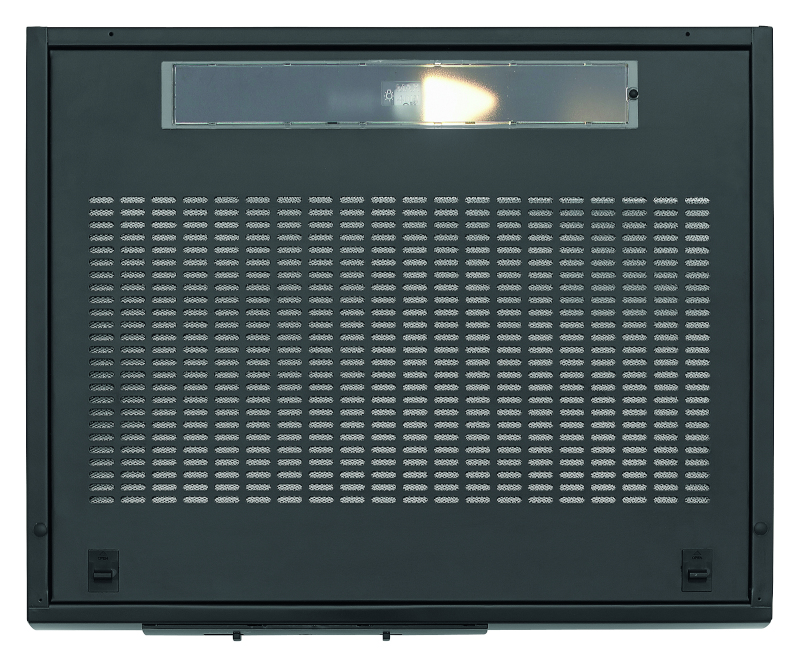 Black range hood interior. It has a light and a metal mesh.