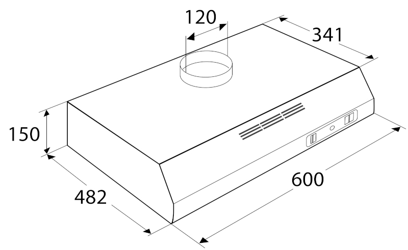 Diagram of a kitchen hood with dimensions. The hood is white, with measurements in millimeters.