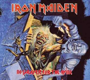 Pochette d'album pour Iron Maiden. Un monstre dans un cercueil et un homme essaie de l'ouvrir.