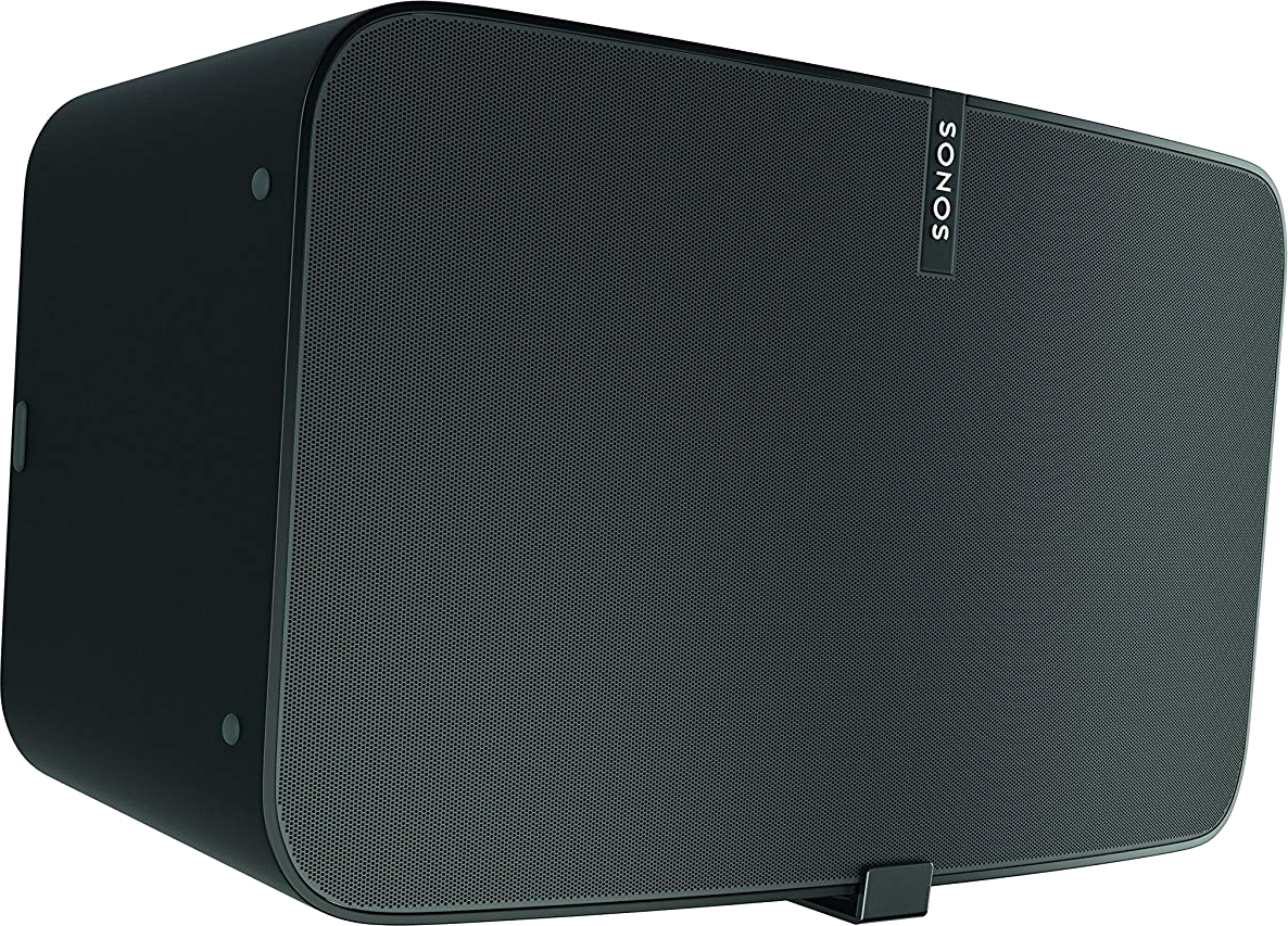 Fekete Sonos hangszóró. A hangszóró téglalap alakú, lekerekített sarkokkal. A Sonos logó látható.