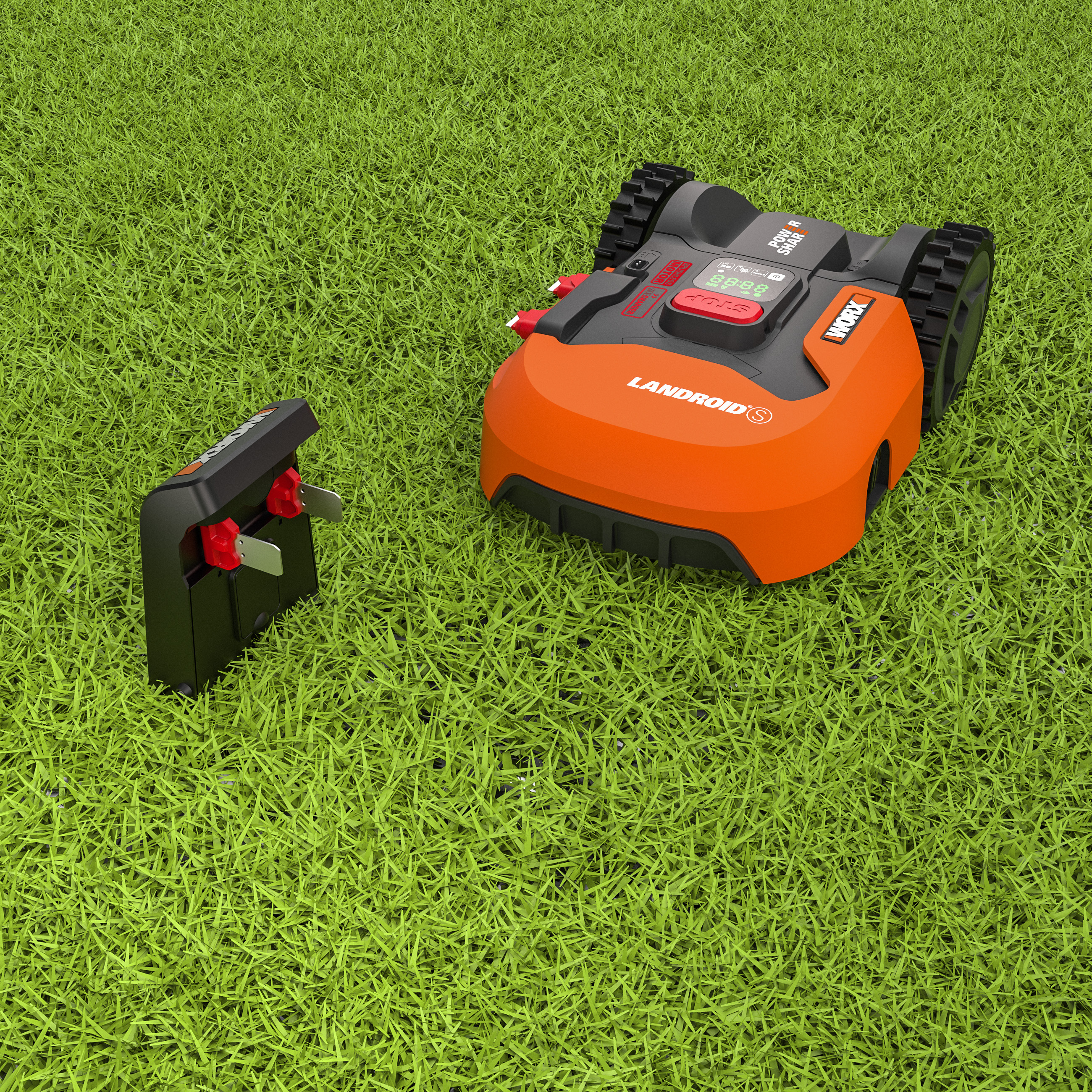 Ein orangefarbener und schwarzer Worx Landroid-Mähroboter auf grünem Gras, mit Ladestation.