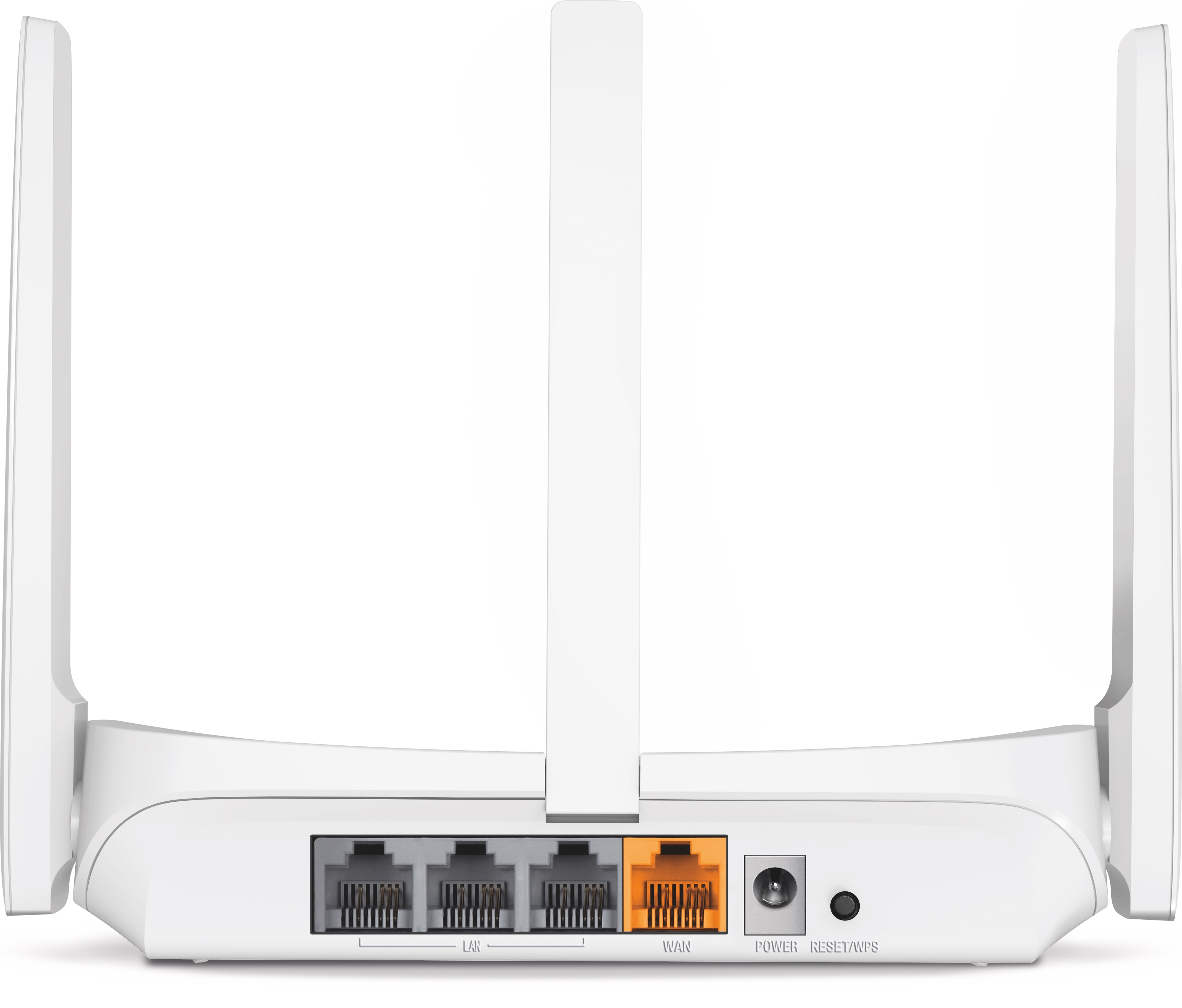 Fehér router portokkal és antennákkal. WAN és LAN portok láthatók.