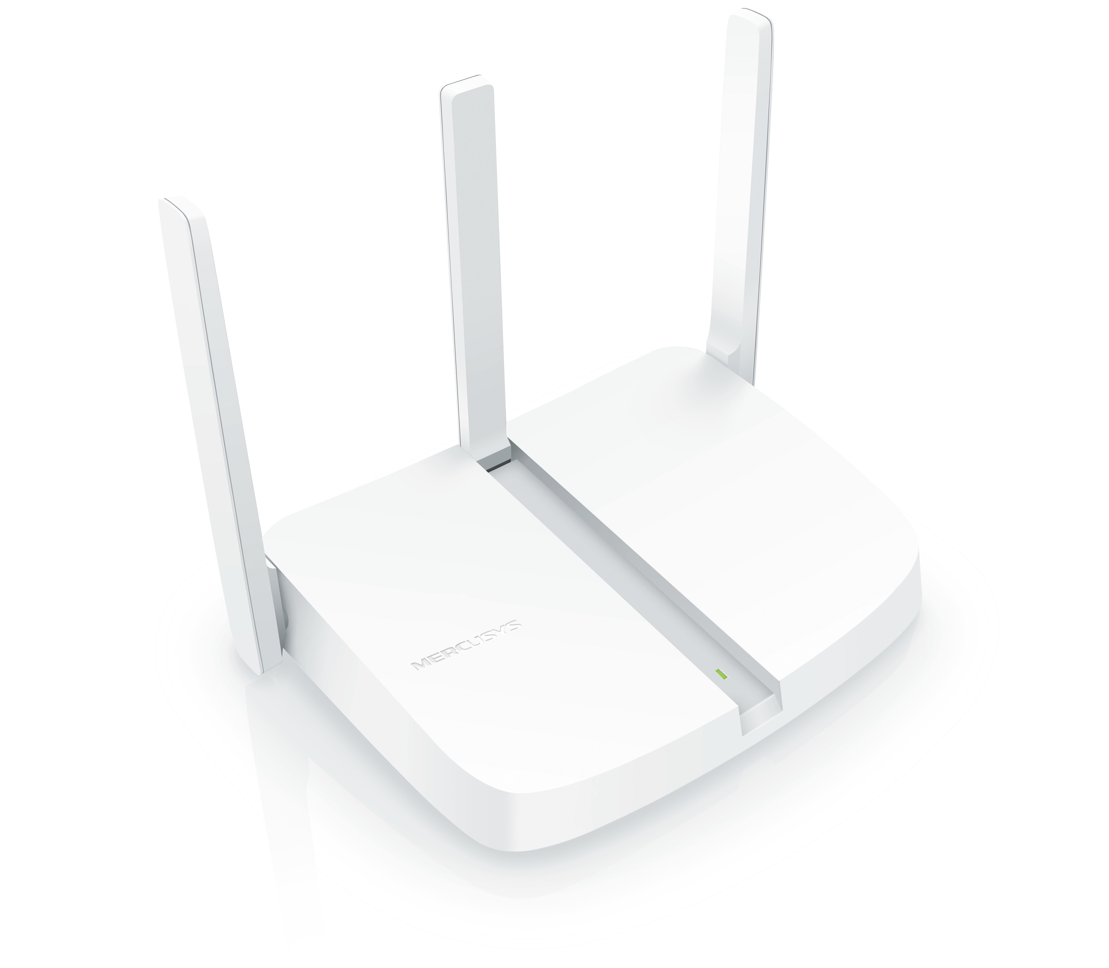 Egy fehér router három antennával. Fehér felületen van. A MERCUSYS márka látható.