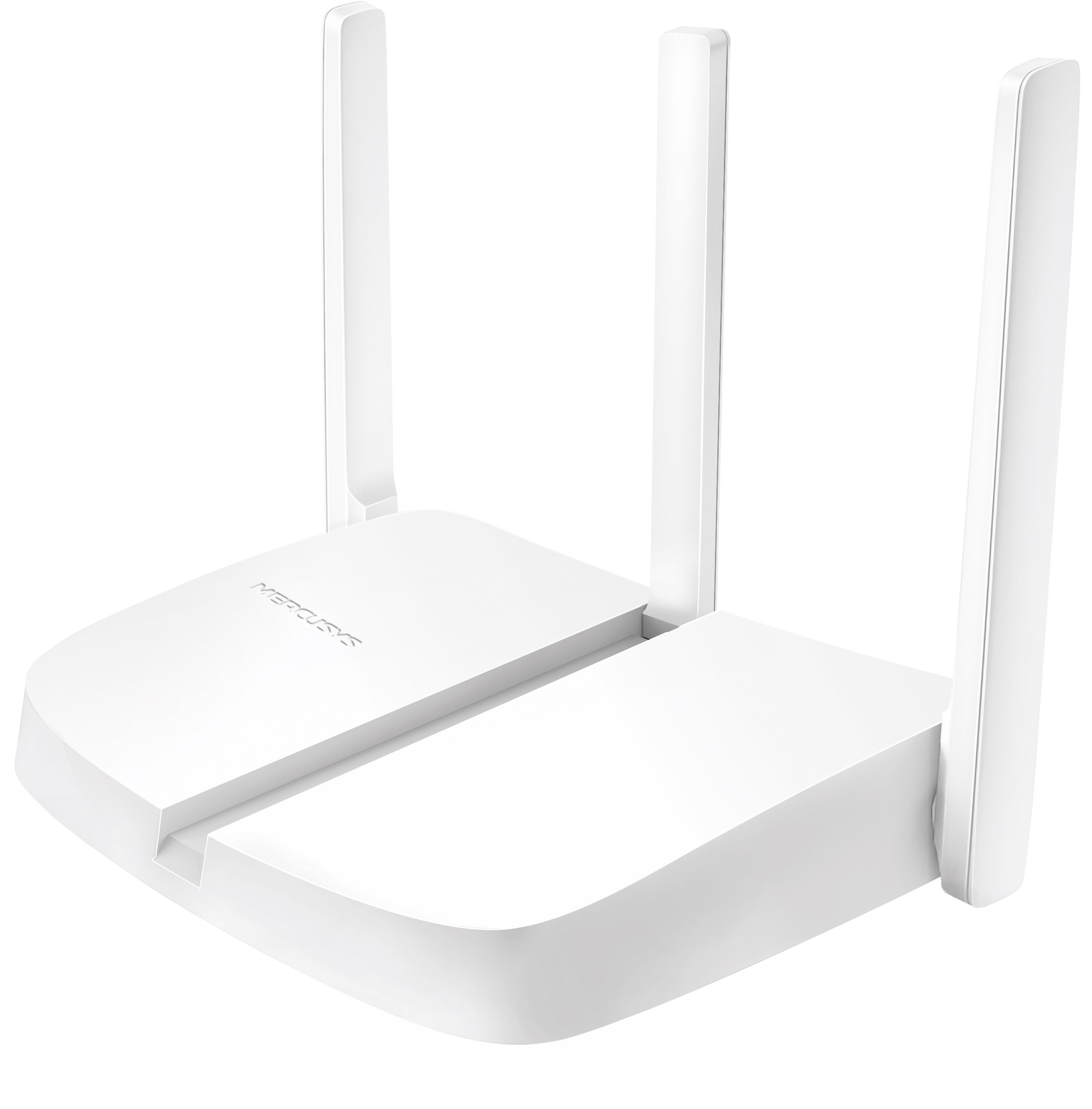 Fehér router három felfelé álló antennával, fehér háttéren, a Mercusys márkajelzéssel.