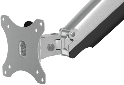 Nahaufnahme eines Monitorarms mit befestigter Metallplatte und Schrauben.