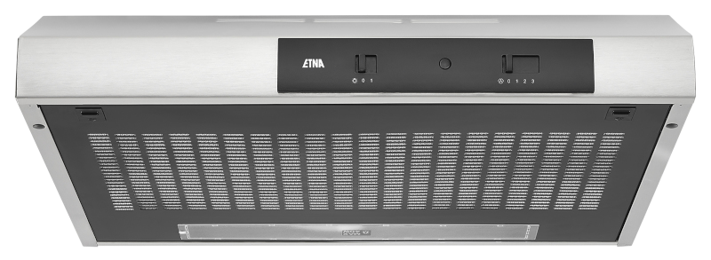 Silver range hood with black control panel and buttons. It has vents at the bottom.