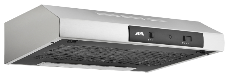 Silver range hood with black control panel. It has buttons and the brand name ETNA.