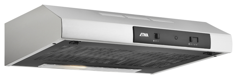 A silver range hood with black control panel and a light. The hood is set against a white background.