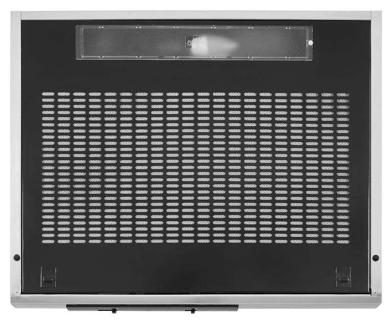 A top-down view of a silver range hood with a perforated surface and a small light fixture.