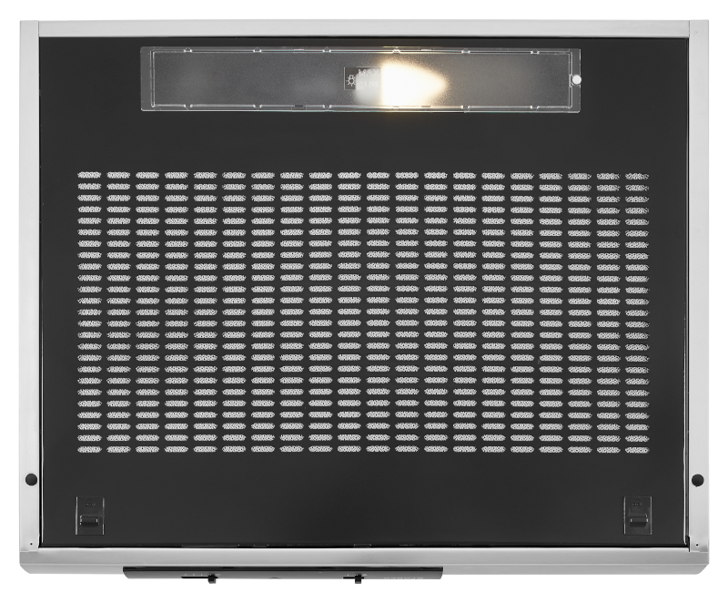 The inside of a range hood, with a silver frame and a black interior.