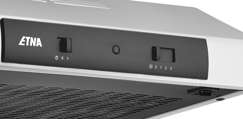White ETNA range hood control panel. Has fan and light controls.