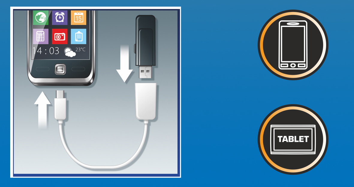 Telefon ikonokkal, USB-meghajtóval és kábellel. Egy adapter csatlakoztatva.