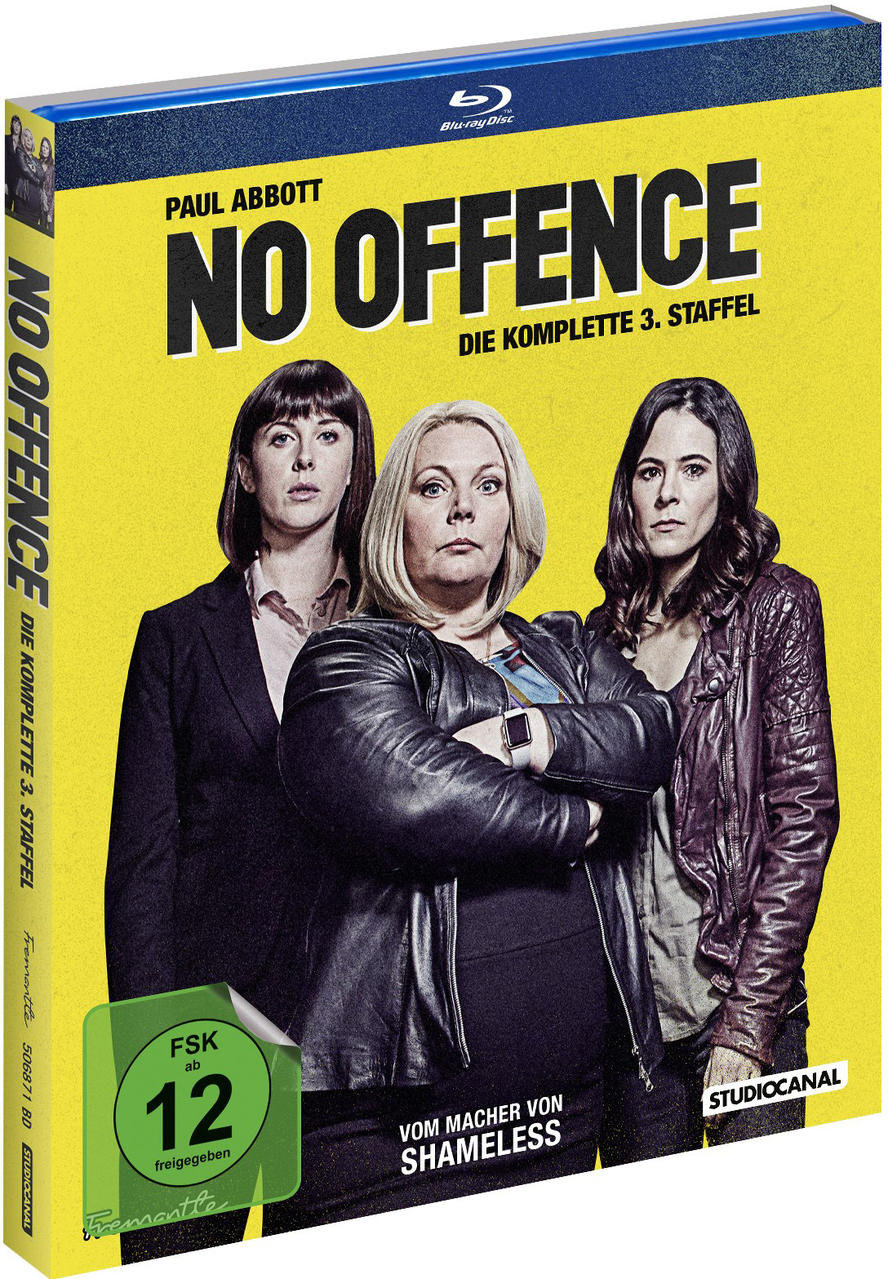 Blu-ray-Cover für „No Offence“ mit drei Frauen vor gelbem Hintergrund.
