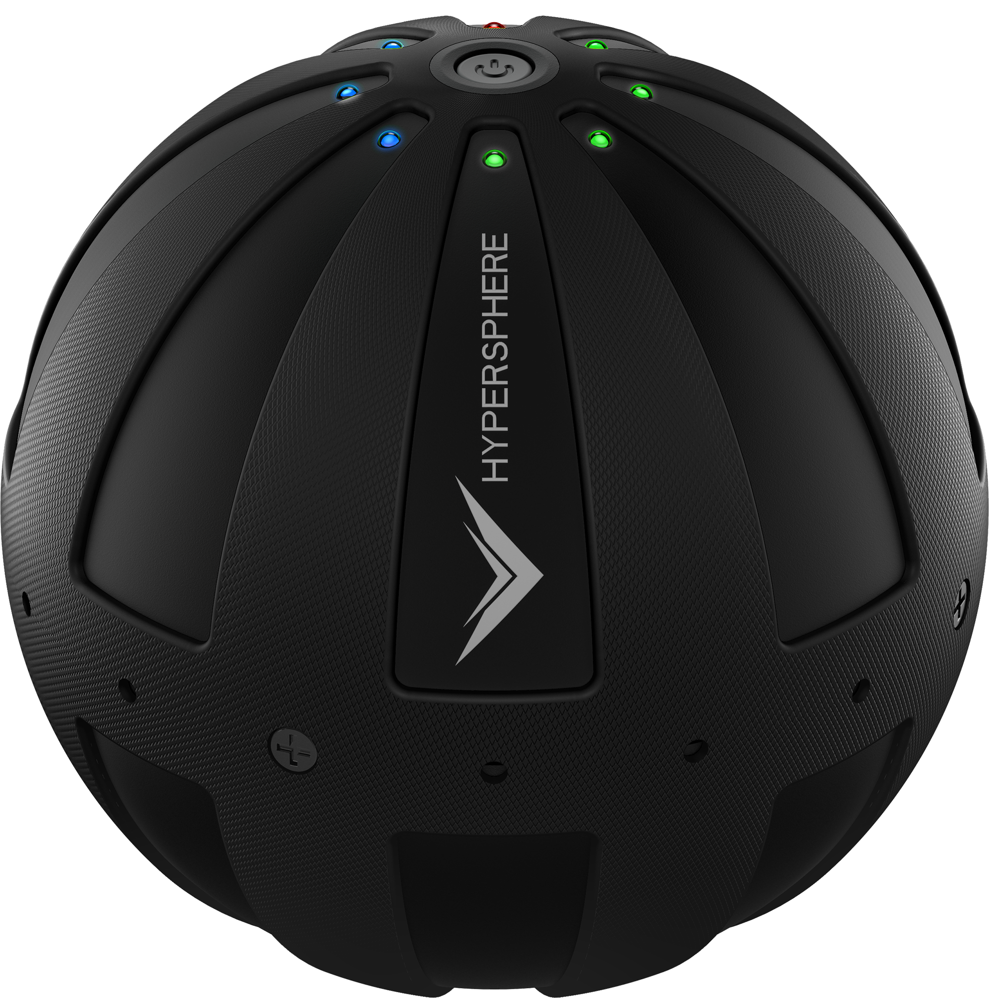 Een zwart bolvormig apparaat met een getextureerd oppervlak en lichten, met het label "HYPERSPHERE".