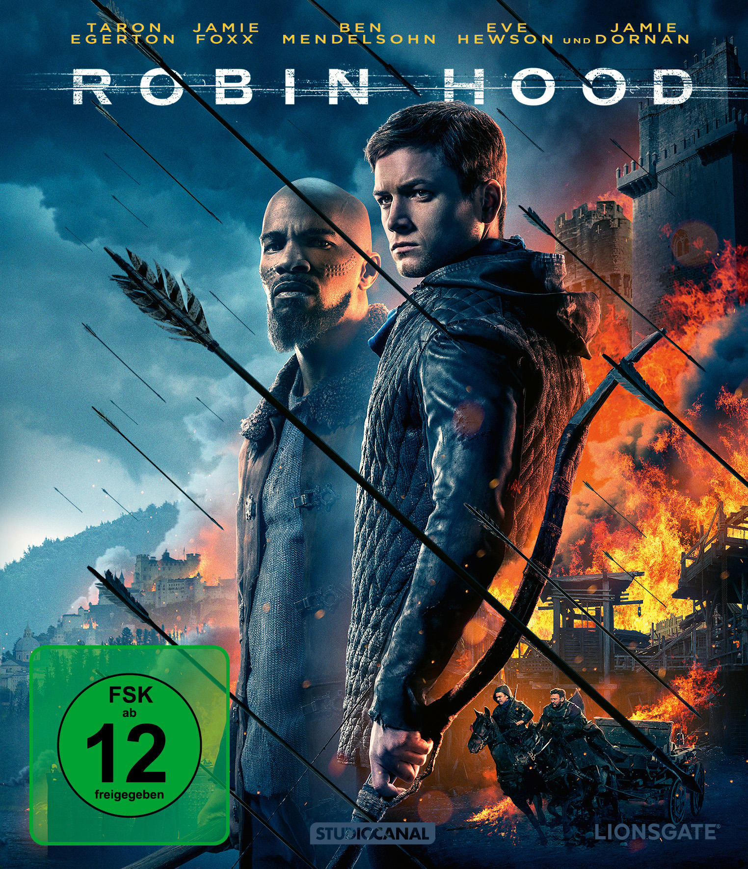 Robin Hood Filmplakat mit zwei Figuren, Pfeilen, Flammen und einer Burg.