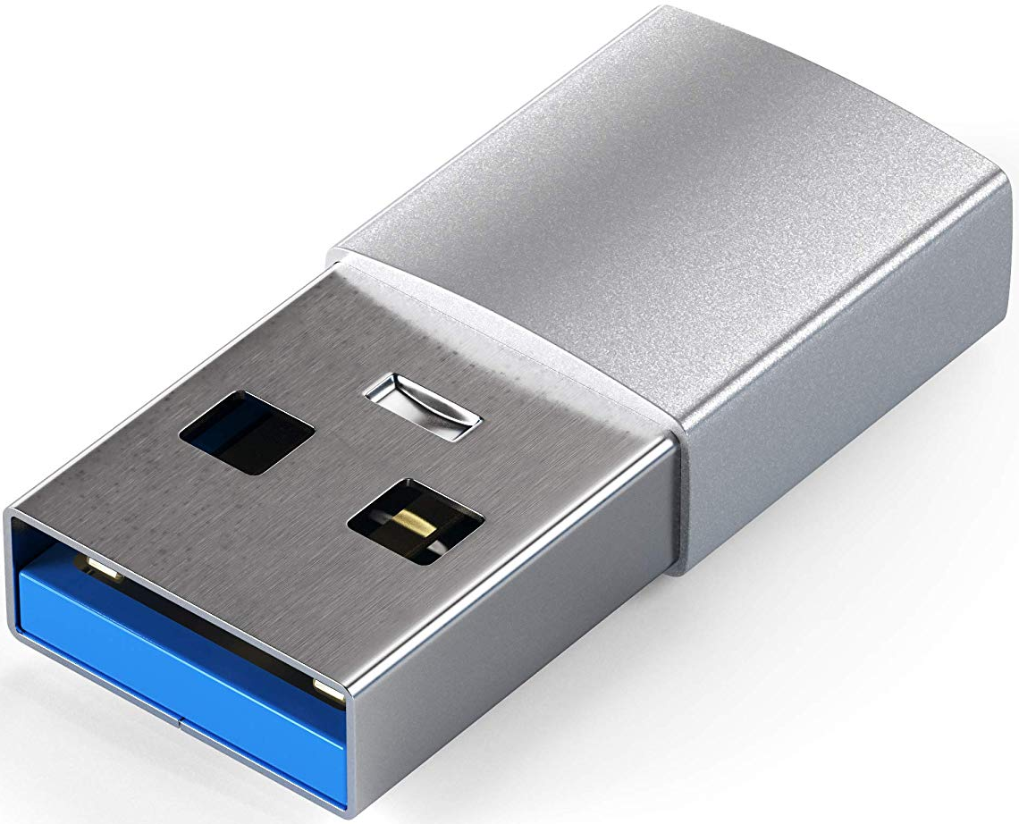 Ein silberner USB-C-Flash-Speicher mit blauem Innenanschluss.