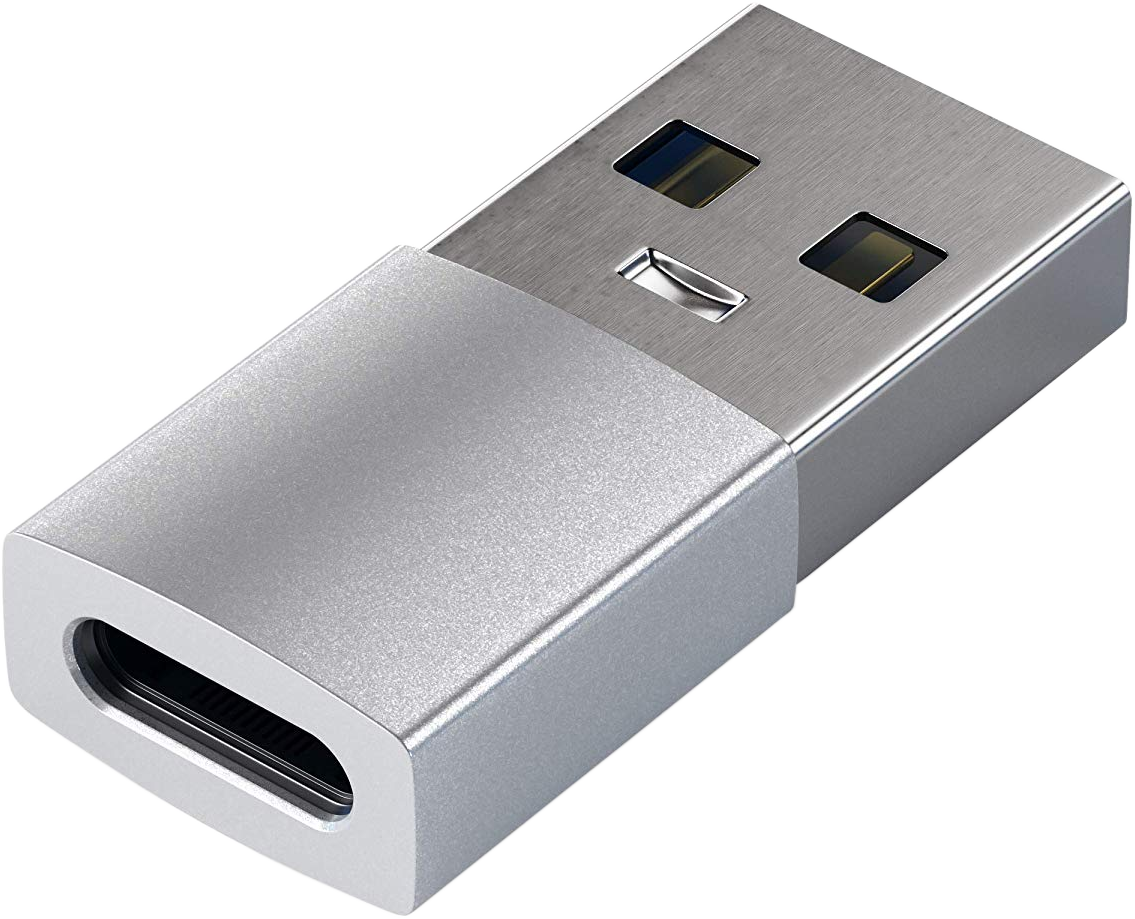 Silberner USB-C-Anschluss. Glänzendes Metall mit zwei Rechtecken und einem USB-C-Anschluss.