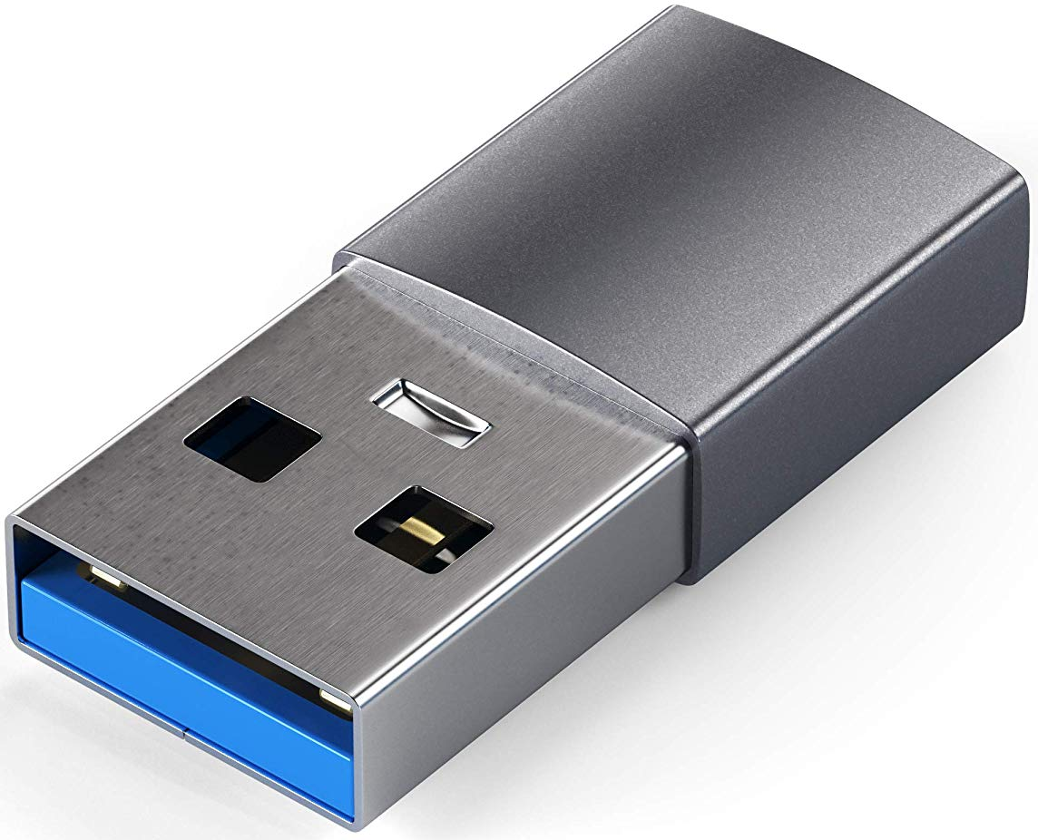 Un adaptateur USB gris avec un connecteur bleu.