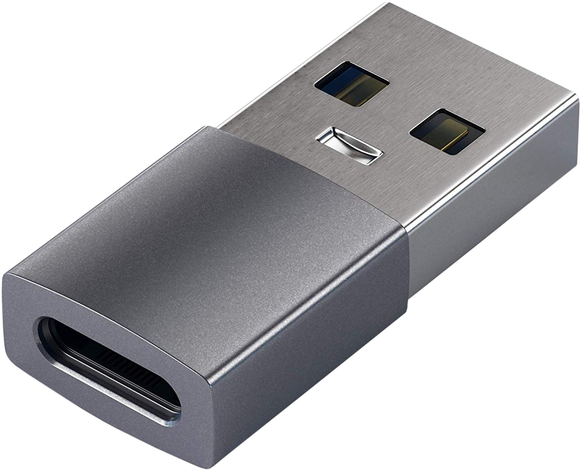 Adaptateur USB-C, argenté et gris. Extrémité du connecteur grise, avec port USB-C argenté de l'autre côté.