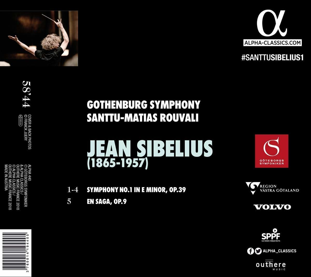 CD-Cover mit Text und einem Dirigenten. Der Text handelt vom Gothenburg Symphony Orchestra, das Sibelius spielt.