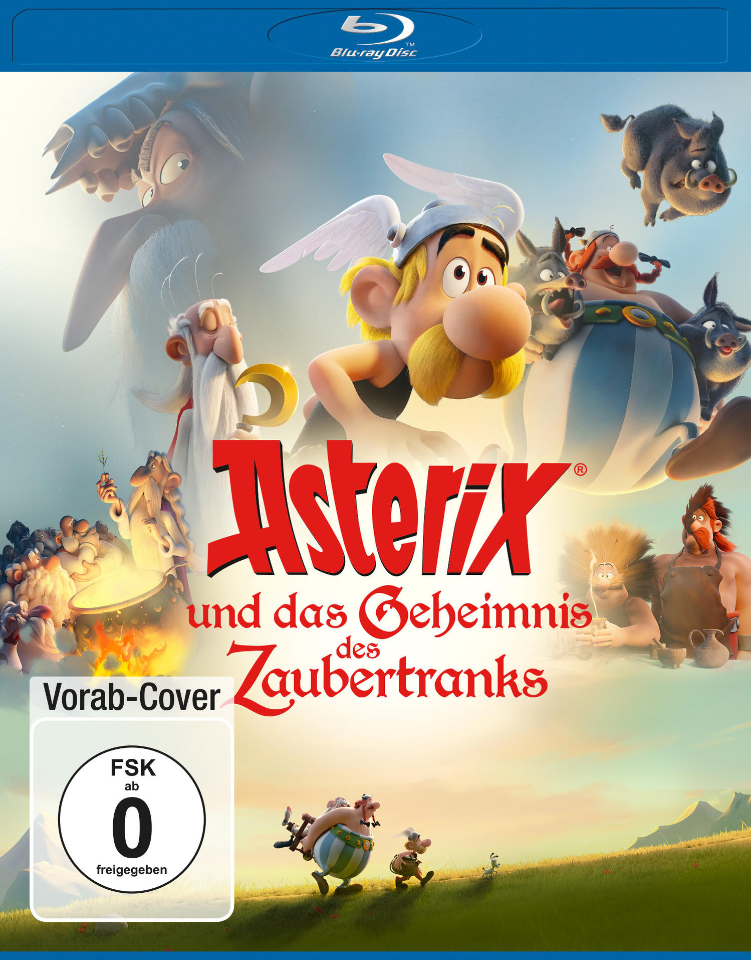 Filmcover von Asterix und das Geheimnis des Zaubertranks mit Figuren und blauem Himmel.
