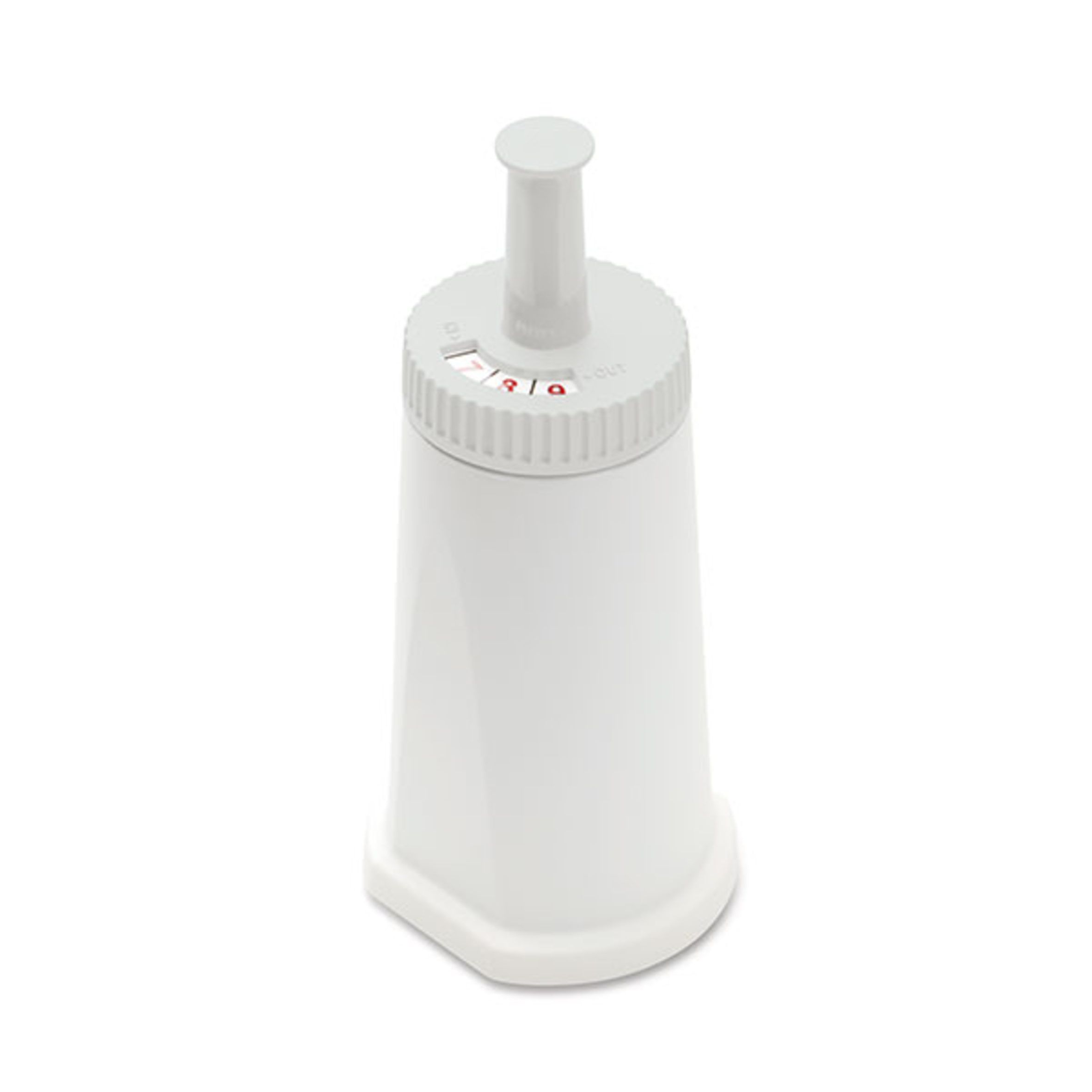 Weiße Wasserfilterpatrone. Zylinderform mit oberem Drehknopf. Text: Filter.