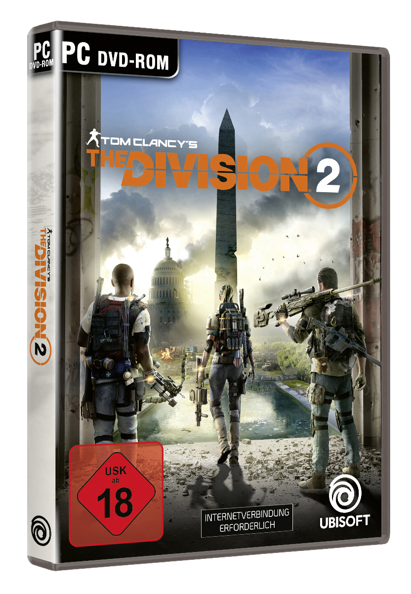 Eine Videospielbox für Tom Clancy's The Division 2 mit Charakteren in einer urbanen Umgebung.