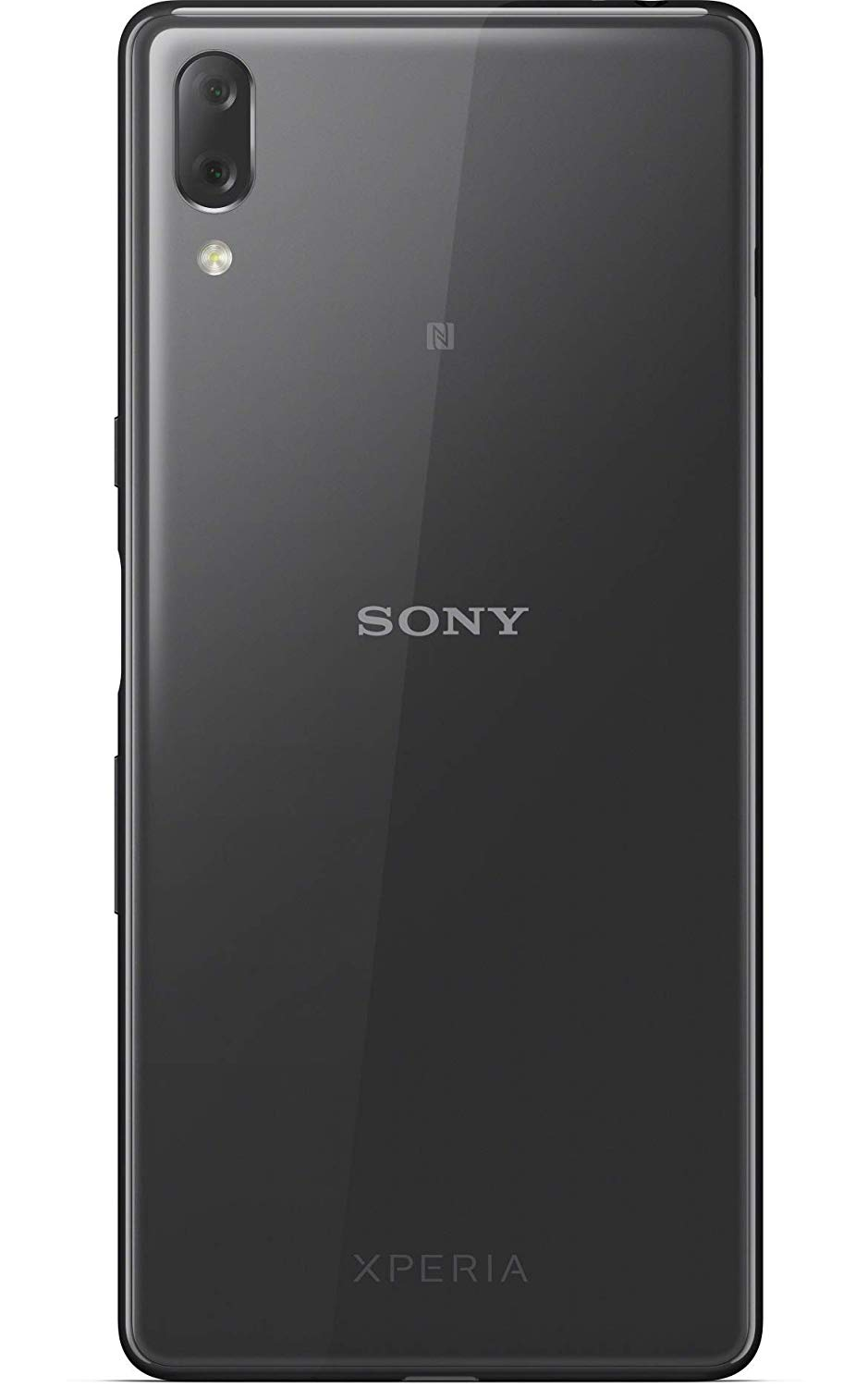 Parte trasera de teléfono negro, logo Sony, texto Xperia, cámara, y flash. Símbolo N presente.