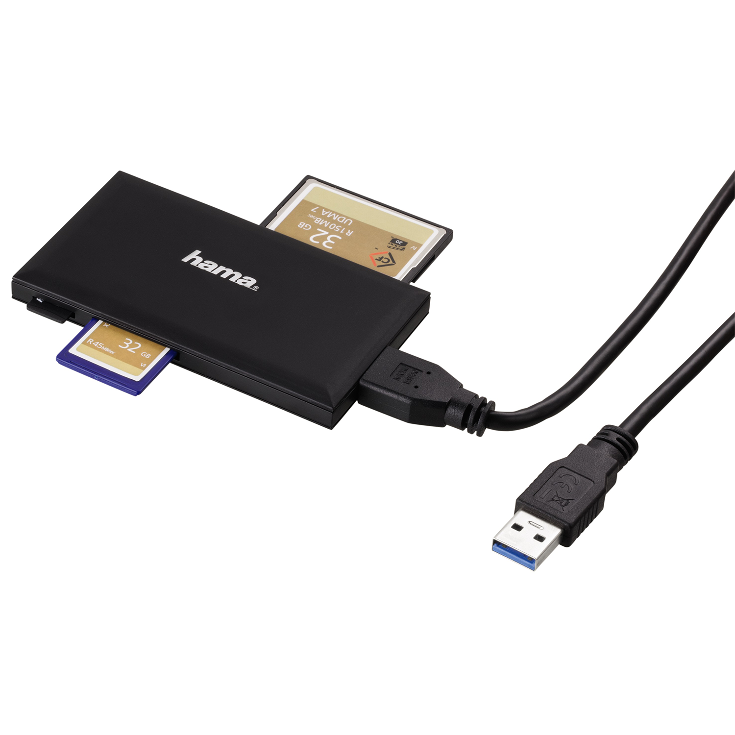 A black card reader with two SD cards inserted and a USB cable attached.