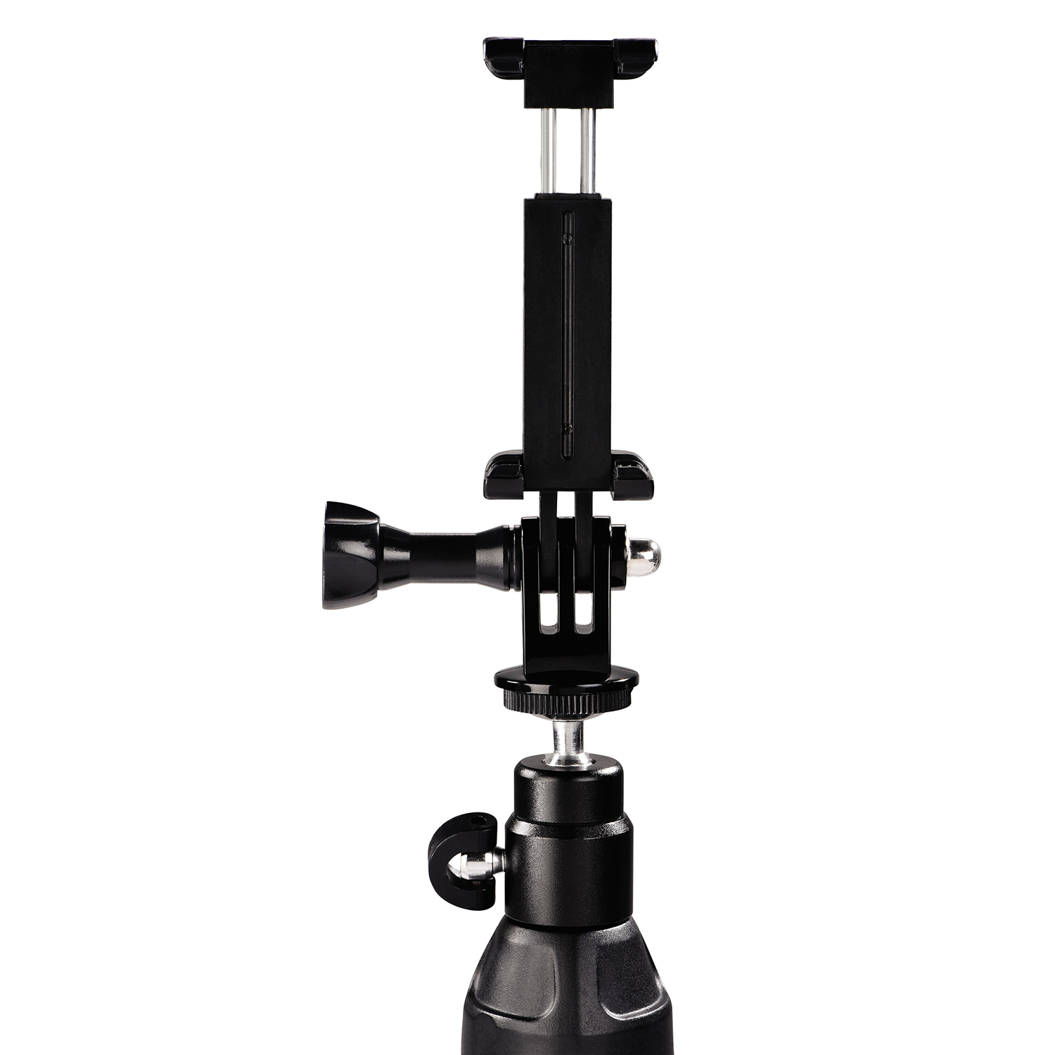 Zwarte smartphonehouder voor camera-opstelling, met montageonderdelen.