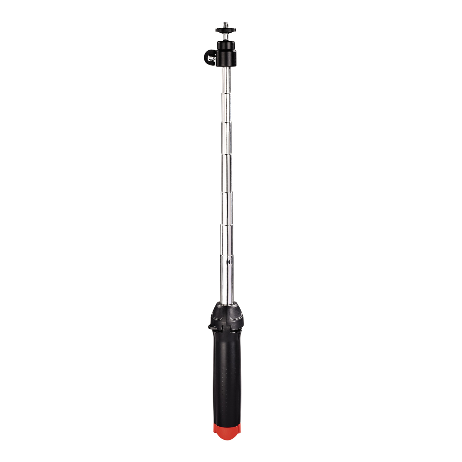 Een zilveren en zwarte telescopische selfiestick met een zwarte handgreep en rode onderkant.