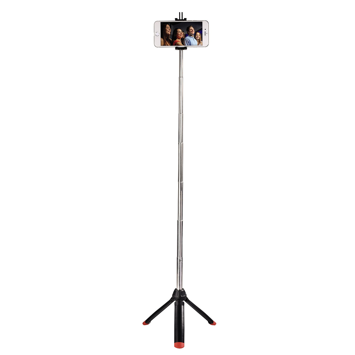 Een selfiestick met een smartphone bevestigd, rechtop gehouden. De stick is uitgeschoven.