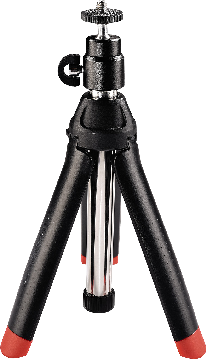 Zwart en rood mini-statief met drie poten. Zilveren gewrichten en een topmount.