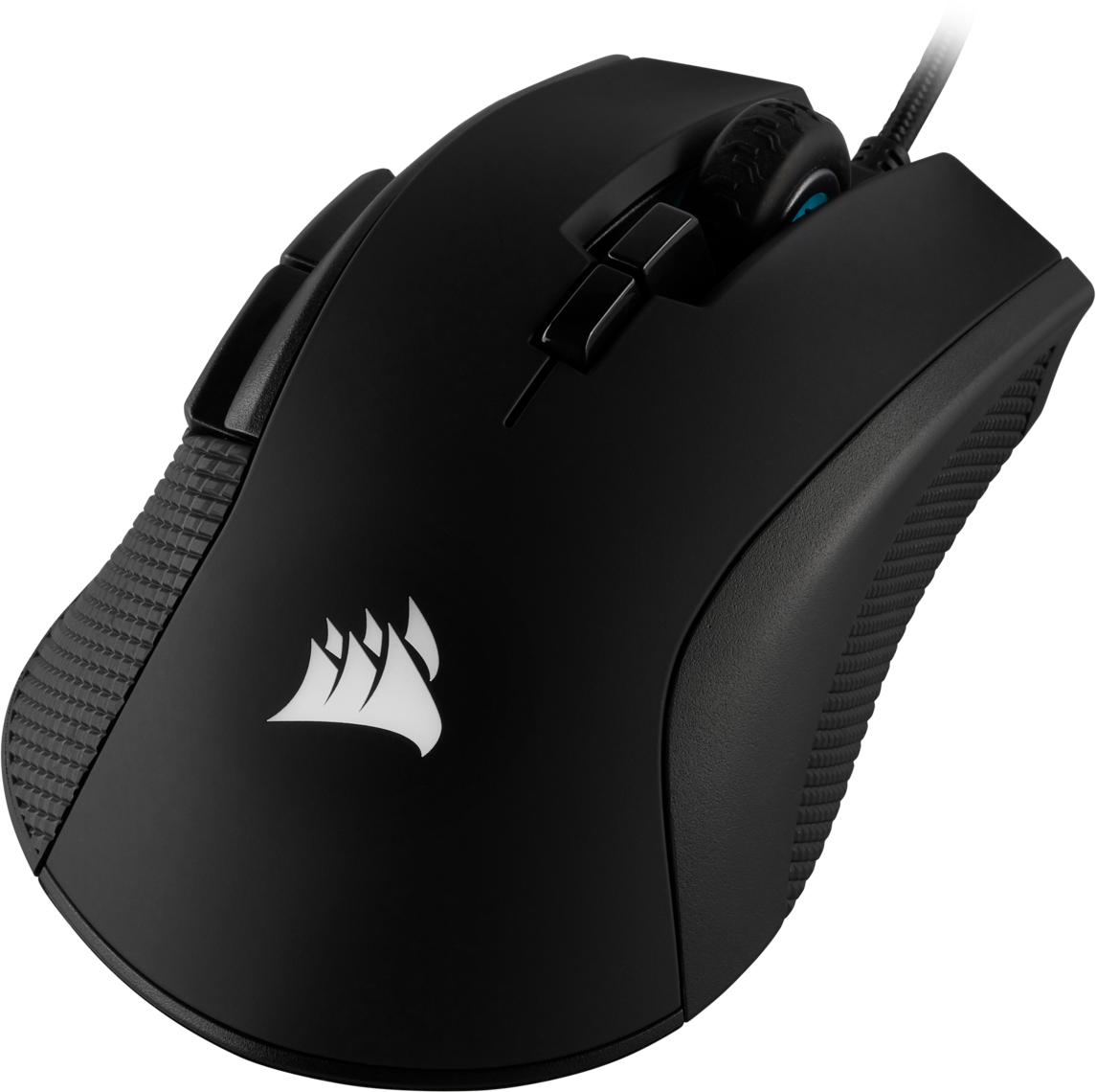 Black computer mouse with white logo. The mouse has textured sides. There's a cable attached to the top.