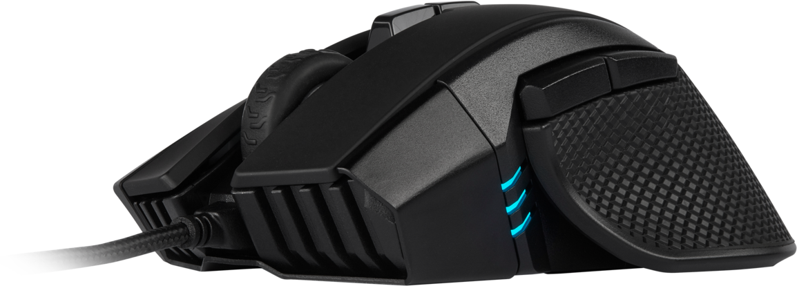 Black gaming mouse with a textured surface and glowing blue lights. A cord is attached.