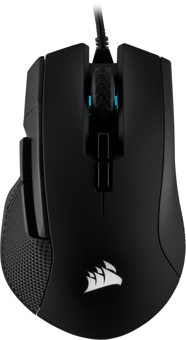 Black computer mouse.  Corsair logo at the bottom.  Top view.