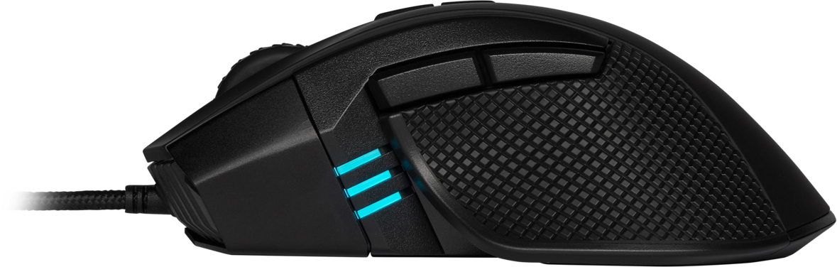 Black gaming mouse with blue lights and textured grip, angled view on a transparent background.