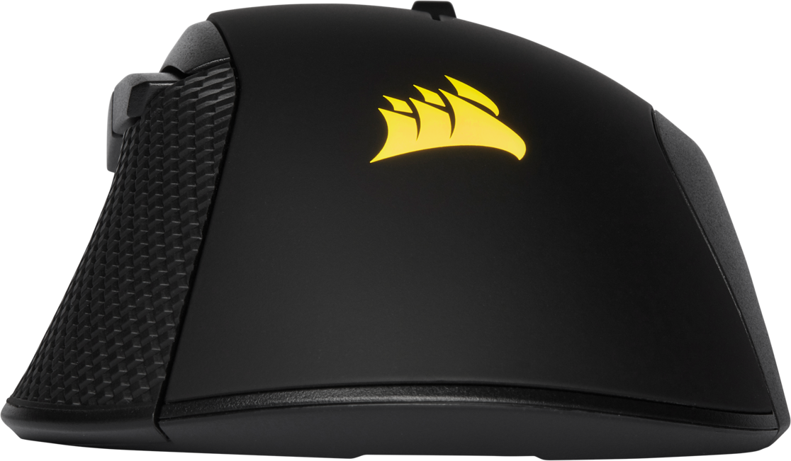 Black gaming mouse. The mouse has a yellow logo and textured grip. It's on a black background.