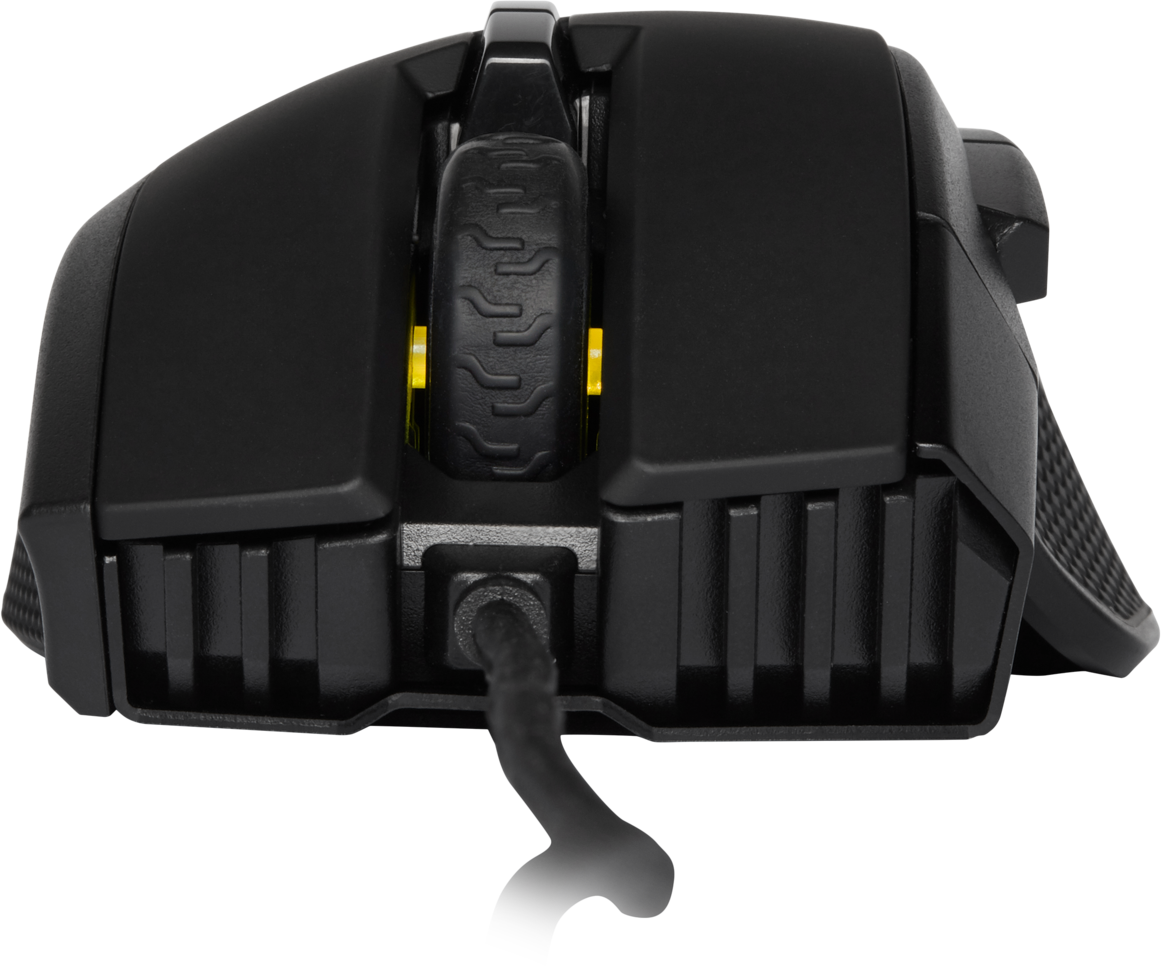 Close-up of a black computer mouse. It has a scroll wheel and a cable attached to the bottom.